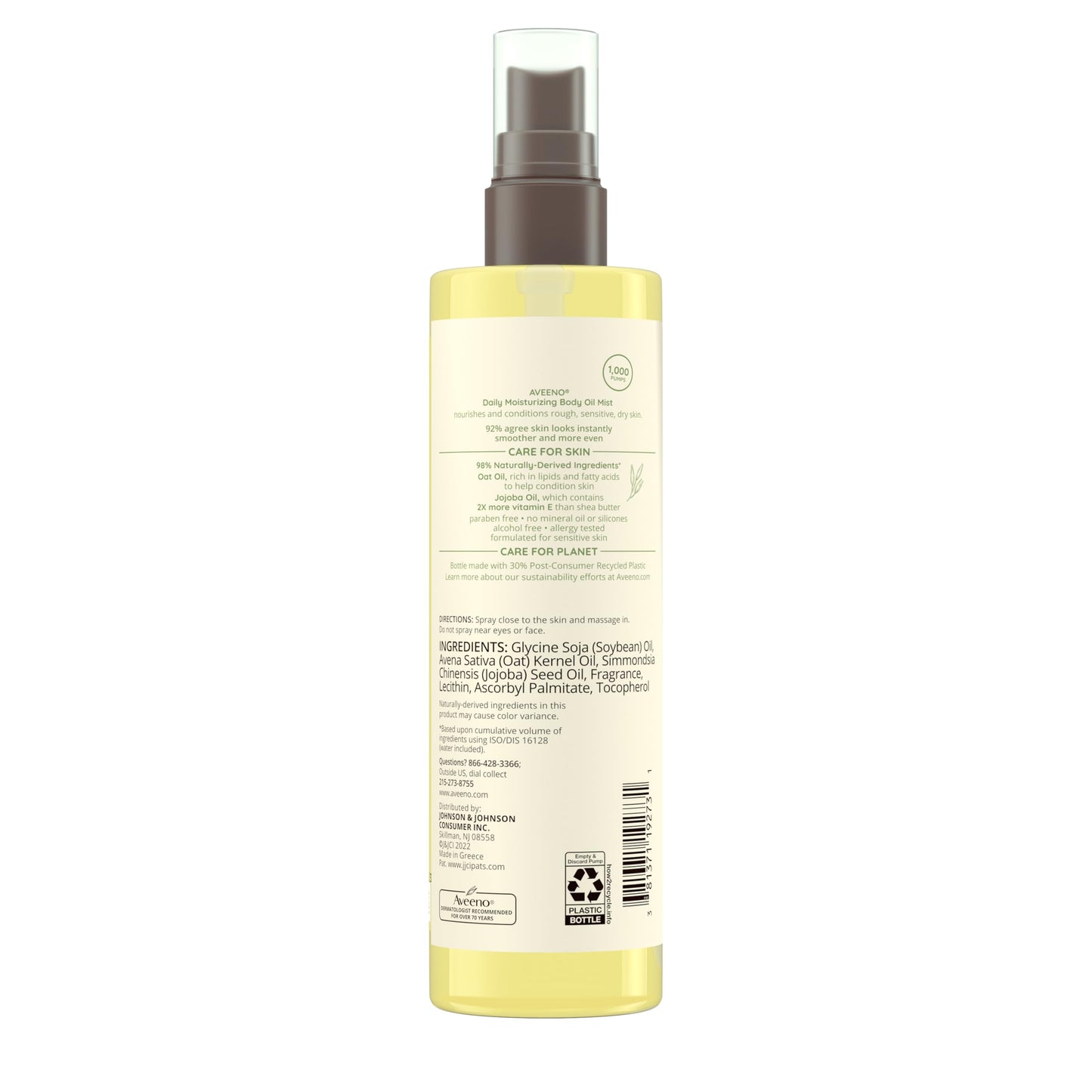 Aveeno Daily Moisturizing Body Oil Mist with Oat Oil and Jojoba Oil for Rough, Dry, Sensitive Skin, Nourishing Body Spray for Smoother, More Even Skin, Paraben- & Silicone-Free, 6.7 fl. oz