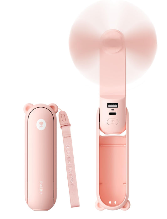 JISULIFE 3 IN 1 Handheld Mini Fan - Portable Fan & Power Bank & Flashlight, 19H Max Cooling, USB Rechargeable, Pocket-Sized for Travel, Cruise, Concerts, Makeup, 2026 Summer Gifts for Women(Pink)