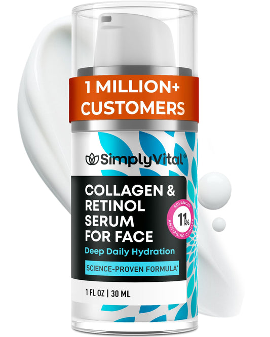 SimplyVital Collagen, Retinol & Hyaluronic Acid Serum - Anti-Aging Moisturizer for Face, Neck & Décolleté - Deep Moisturizing Skin Care Complex - Hydrating Facial Serum for Women, 1 fl.oz