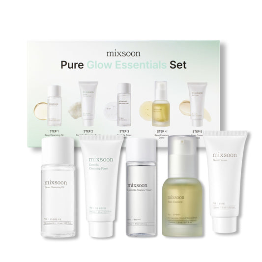 mixsoon Pure Glow Essentials Set - 5-Step Skincare Kit - Travel kit, Travel size kit, Hydrating Skincare Gift Set (15ml*1+20ml*3+30ml*1) Korean Glass Skin Care