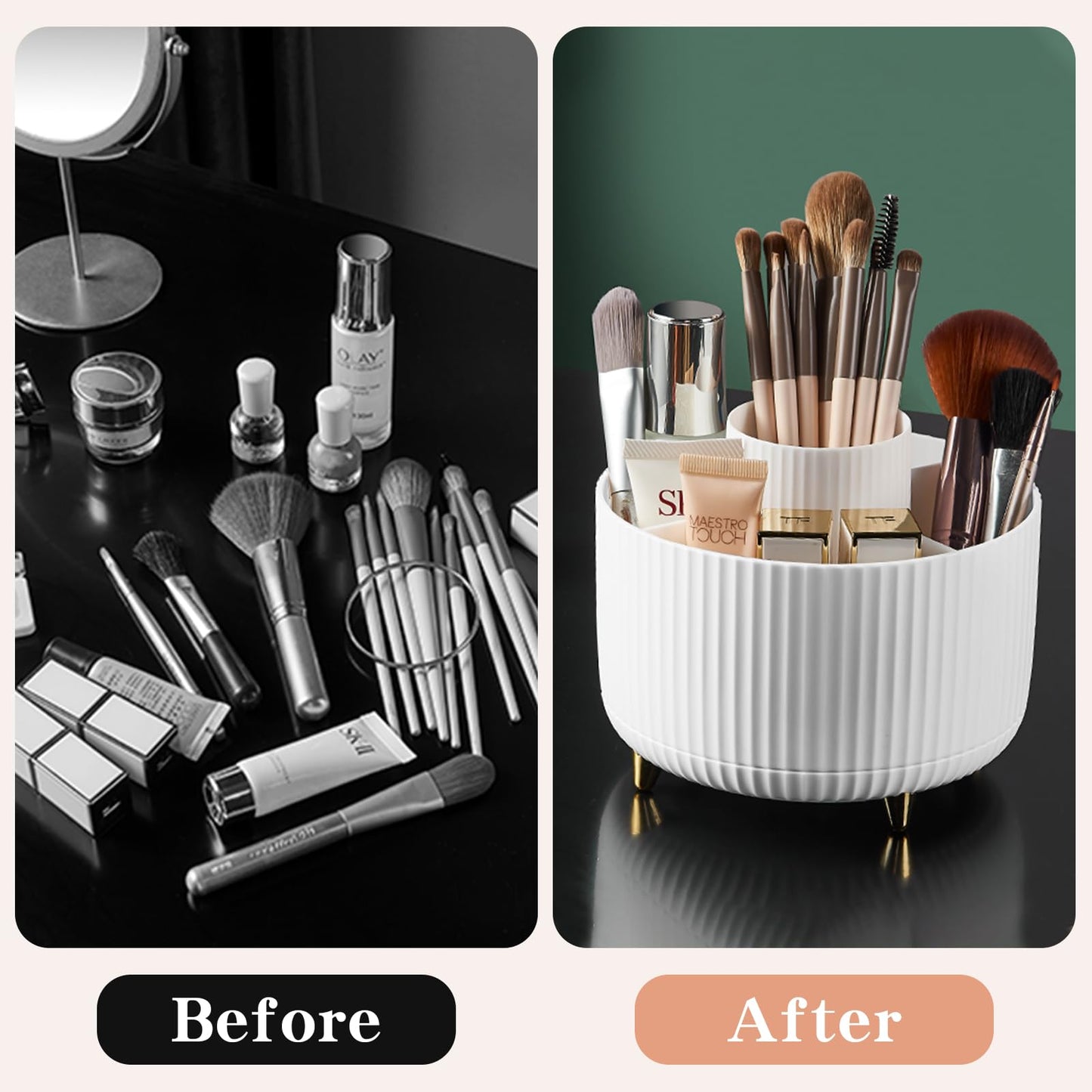fanado 360° Rotate Makeup Brush Holder Organizer, Makeup Organizers Countertop, Makeup organization and Skincare Storage for Vanity, Desktop, Bathroom (White)