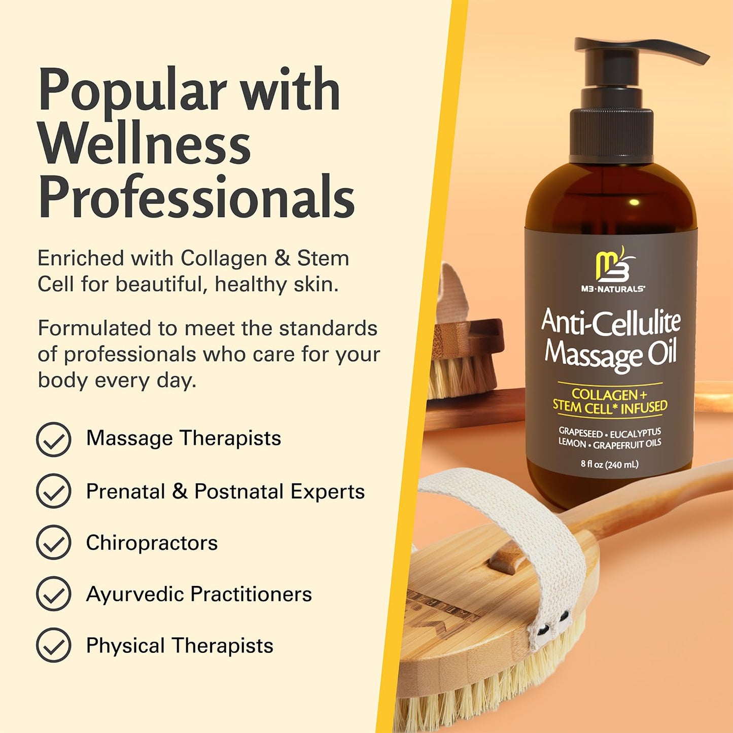 Firming Body Massage Oil with Collagen & Stem Cell – Helps Smooth the Appearance of Cellulite & Improve Skin Texture – Refreshing Aromatherapy Body Oil for Legs & Full Body – 8 Fl Oz by M3