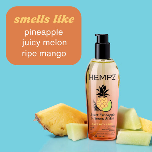 Hempz Sweet Pineapple & Honey Melon Herbal Hydrating Multi-Purpose Body Oil for Body - Moisturizing Bath, Shower, or Shaving Oil for Dry or Sensitive Skin for Women & Men, 6.76 Oz