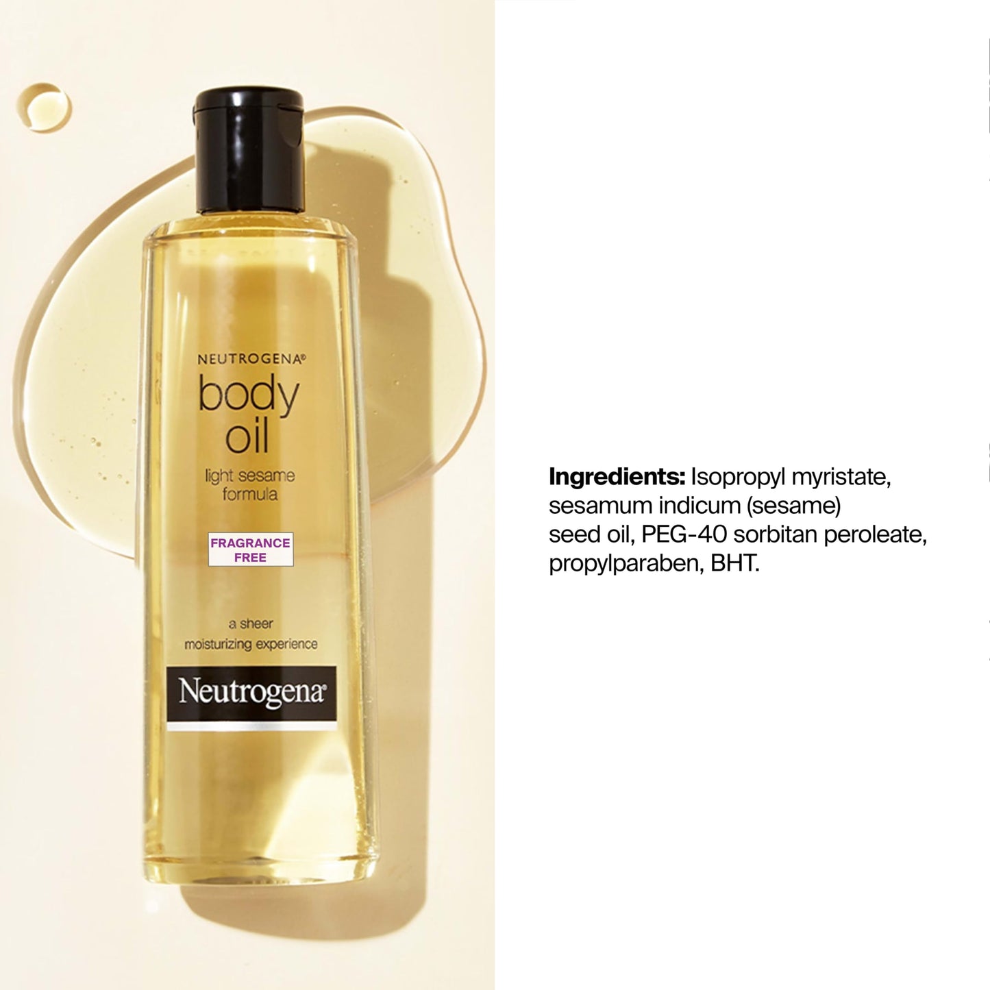 Neutrogena Body Oil Light Sesame Formula, Fragrance-Free, Nourishing Moisturizer, Before and After Shower Application for Smooth, Radiant Looking Skin, Lightweight and Non-Greasy Feel, 8.5 fl oz