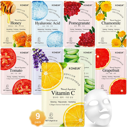 KONEUK 9 Pack Collagen Face Masks Skincare for Women, Hydrating Sheet Face Masks Suitable for All Skin Types, Bulk Facial Masks for Women Skin Care, Face Mask Gifts Set for Spa Party
