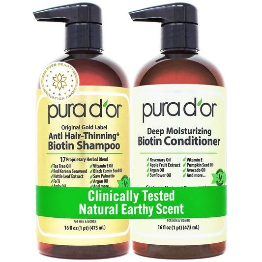 PURA D'OR Anti-Thinning Biotin Shampoo and Conditioner, CLINICALLY TESTED Effective Results, Herbal Blend Thickening Products For Women & Men, Original Gold Label Set, Natural Earthy Scent, 16oz x2