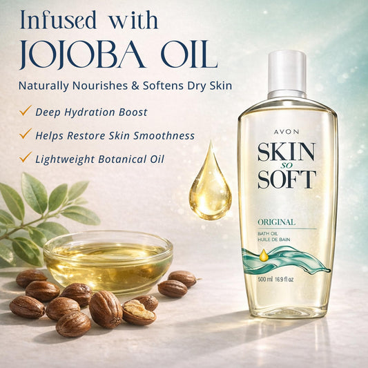 AVON Skin So Soft Original Bath Oil for Women, Moisturizing Body Oil with Jojoba Oil for Dry Skin, 16.9 fl oz Hydrating Shower Oil; Perfect as an After-Shower Skin Softener for All Adults