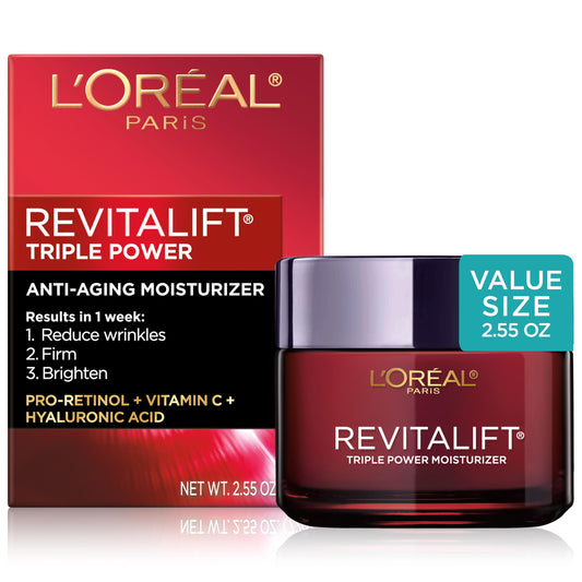 L'Oreal Paris Revitalift Triple Power Anti-Aging Face Moisturizer, Pro Retinol, Hyaluronic Acid & Vitamin C to Reduce Wrinkles, Firm & Brighten Skin, 2.55 Oz