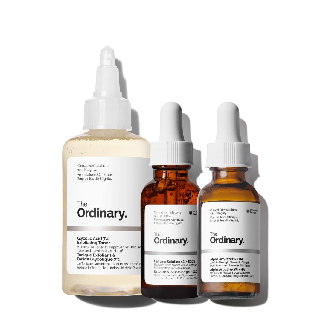 The Ordinary The Bright Set, 3-Step Regimen for Radiant, Even Skin Tone with Glycolic Acid 7% Exfoliating Toner, Alpha Arbutin 2% + HA, and Caffeine Solution 5% + EGCG Eye Serum | Skin Care Set