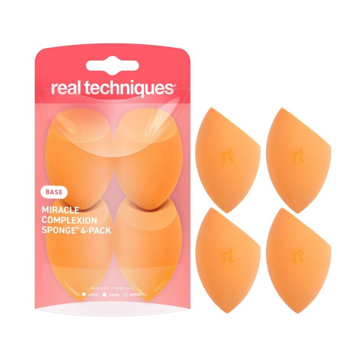 Real Techniques Miracle Complexion Sponge 4 Pack, Makeup Blending Sponges For Liquid & Cream Foundation & Skin Tints, Buildable Coverage, Natural, Dewy Base, Cruelty- Free, Latex-Free Foam