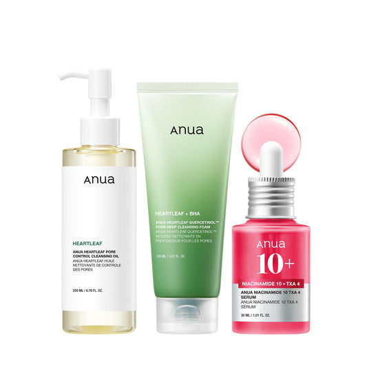 Anua 3-Step Glass Skin Beginner Set, Oil Cleanser and Face Wash with Facial Serum, Double Cleansing Daily Routine with Niacinamide, Korean Skin Care Set