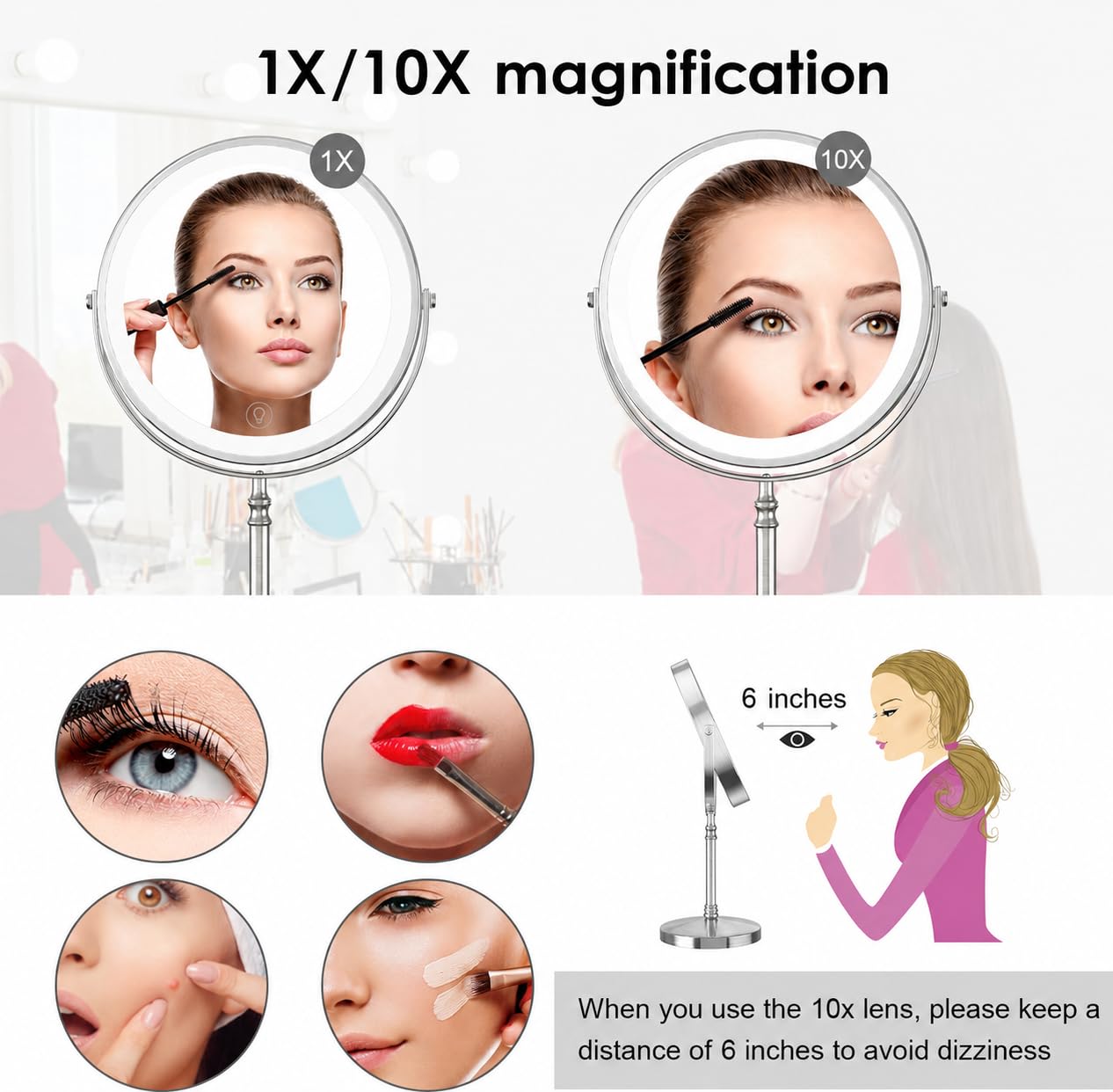 DEIOVWXS Makeup Mirror, Rechargeable Vanity Mirror with 3 Lights, 1X/10X