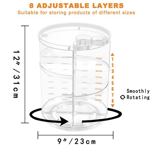 Rotating Makeup Organizer, DIY 8 Adjustable Layers Spinning Skincare Storage, Cosmetic Display Case with Brush Holder and Perfume Tray, Multi-Function Vanity Bathroom Countertop Organizer Clear