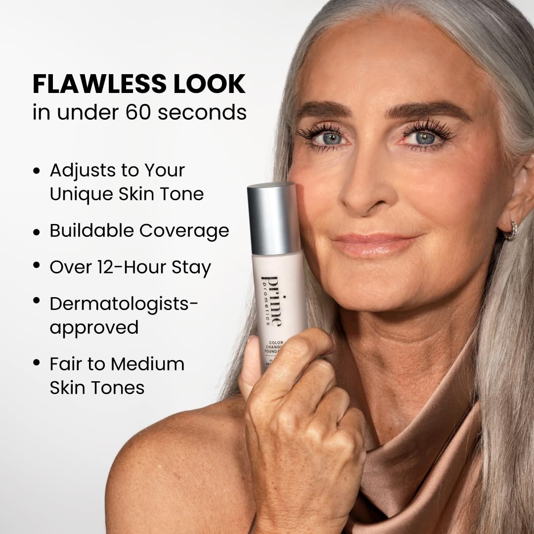 Prime Prometics Color Changing Foundation for Mature Women – Instantly Adapts to Your Skin Tone – Buildable Light-to-Medium Coverage – 12-Hour Wear – Natural Dewy Finish – Hypoallergenic