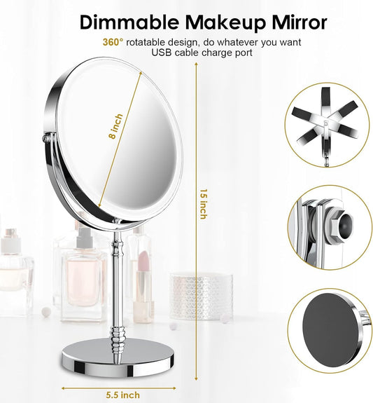 DEIOVWXS Makeup Mirror, Rechargeable Vanity Mirror with 3 Lights, 1X/10X