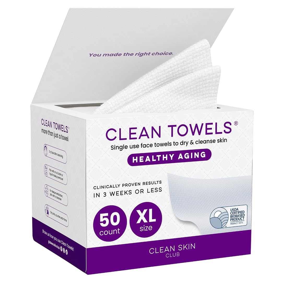 Reduces Fine Lines and Wrinkles in 6 weeks or Less, CLEAN SKIN CLUB Healthy Aging Clean Towels® XL, Disposable Face Towels, XL - 1 Pack (50 count)