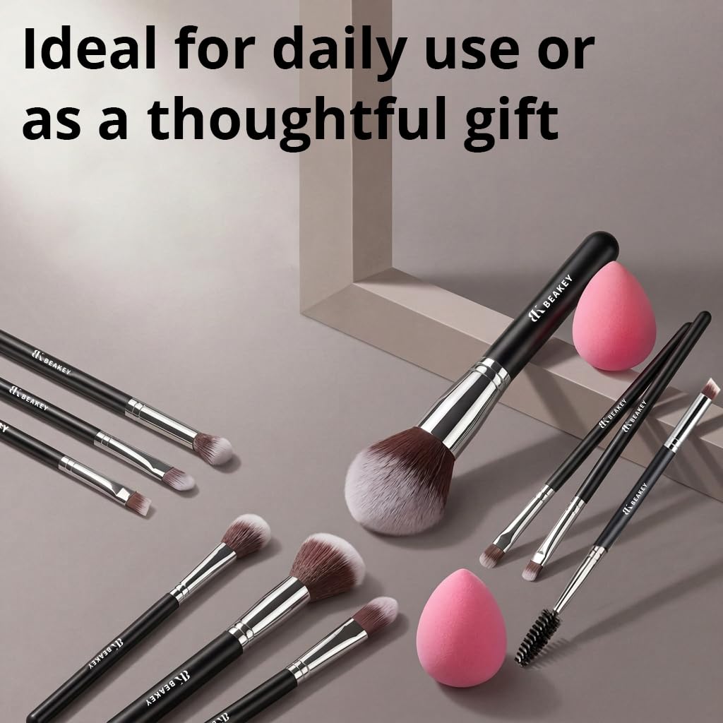 BEAKEY Makeup Brushes Set, Professional Foundation Eyeshadow Concealer Blush Powder Bronzer Applicator, 2 Blender Sponge with Beauty Paper Case