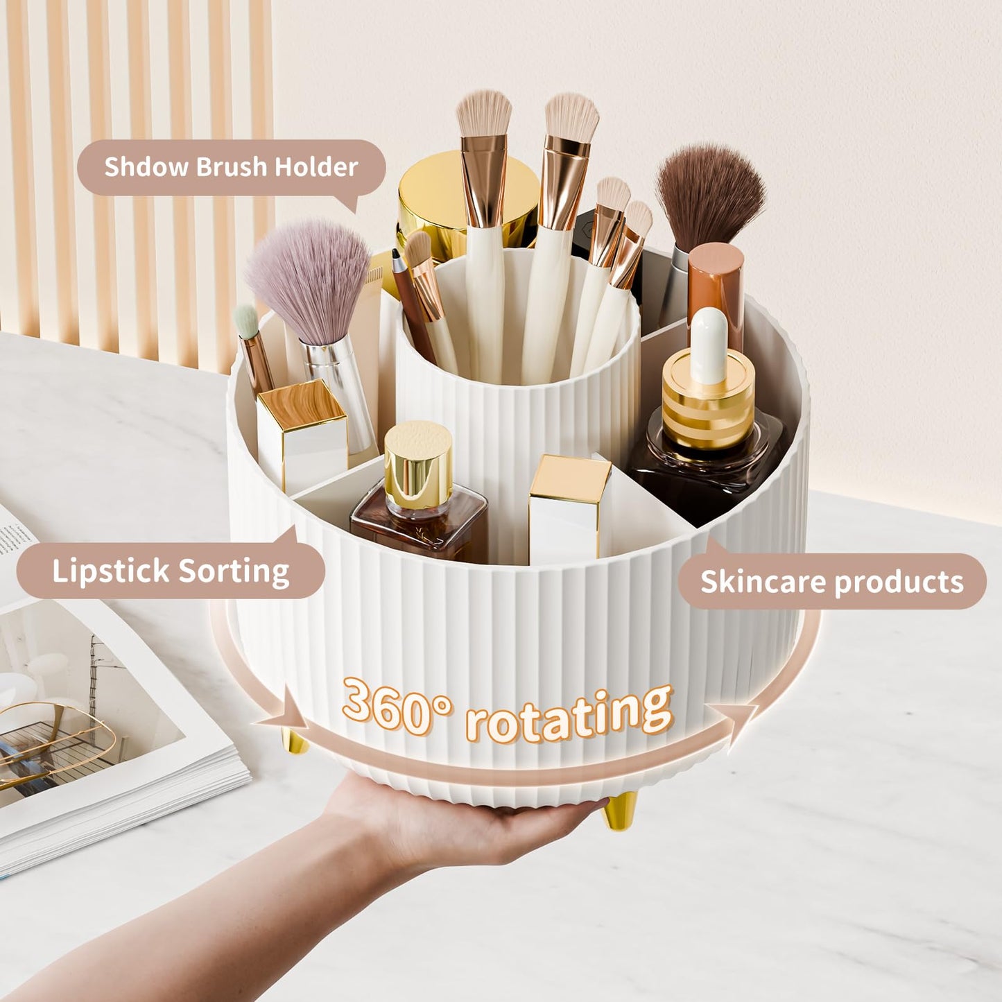 fanado 360° Rotate Makeup Brush Holder Organizer, Makeup Organizers Countertop, Makeup organization and Skincare Storage for Vanity, Desktop, Bathroom (White)
