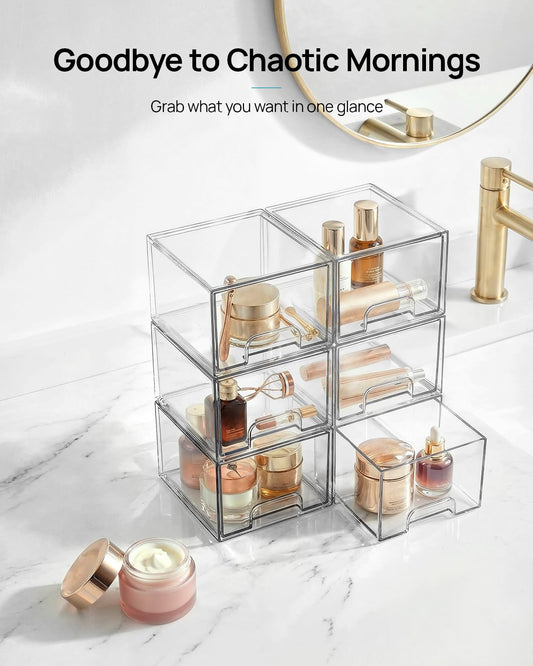 Vtopmart 4 Pack Small Clear Stackable Storage Drawers,Acrylic Bathroom Makeup Organizer,Plastic Storage Bins for Vanity, Undersink, Kitchen Cabinets, Pantry, Home Organization