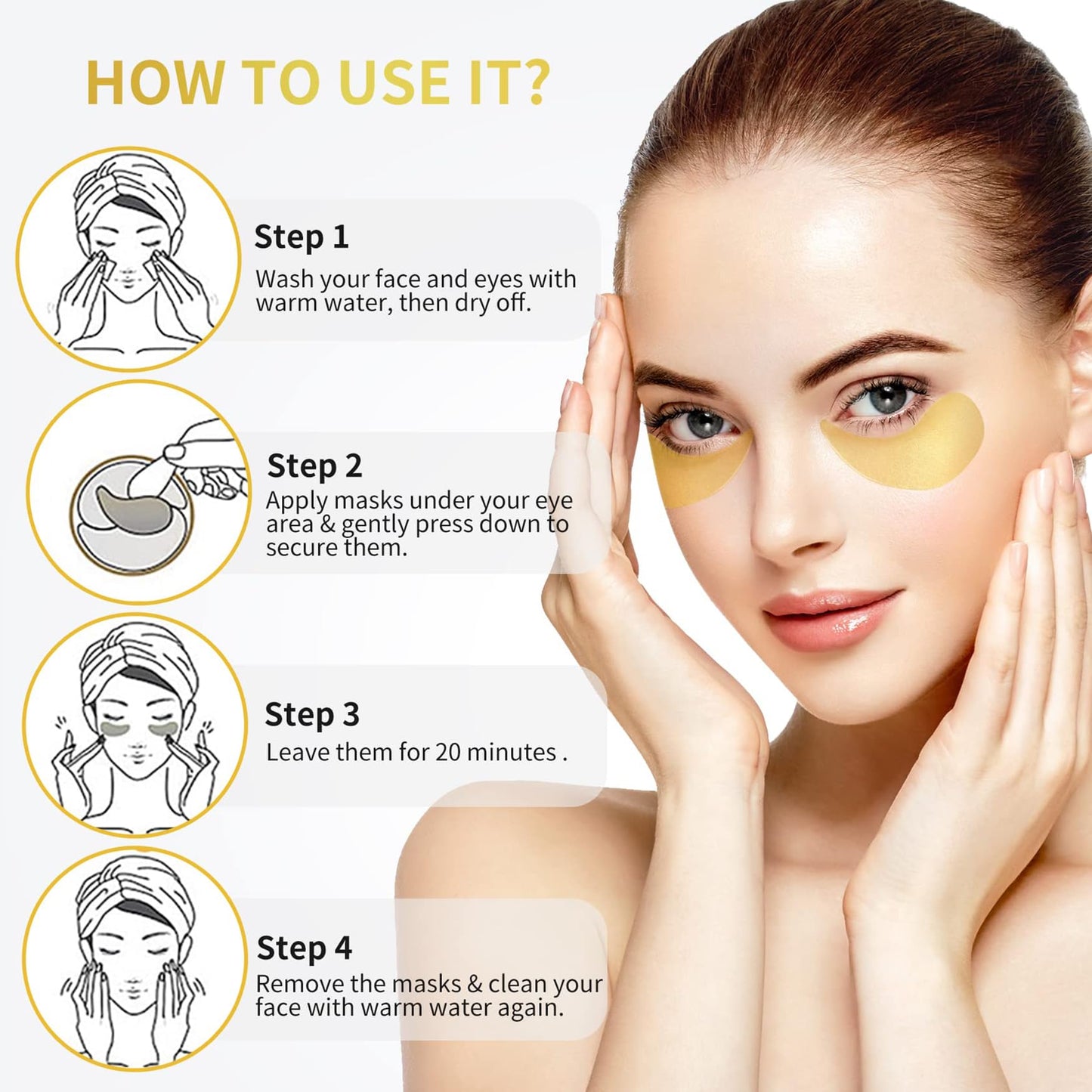 NAZANO 24K Gold Under Eye Patches - 60 Pack for Puffy Eyes, Dark Circles, Bags & Wrinkles with Collagen & Hyaluronic Acid - Eye Care Pads for Daily Skincare (Gold)
