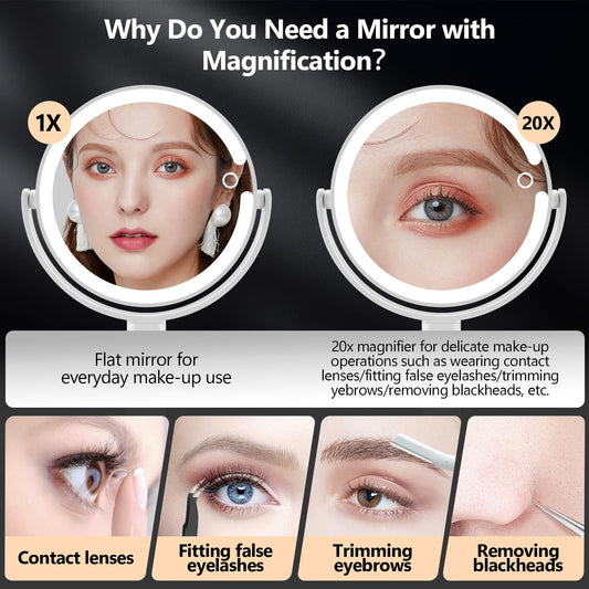 MIYADIVA Makeup Mirror with Lights,20X Magnifying Mirror with Light and Touch Switch,Vanity Mirror with 3 Color Light and 80 LEDs,2-Sided Lighted Magnified Mirror 8.8 Inches