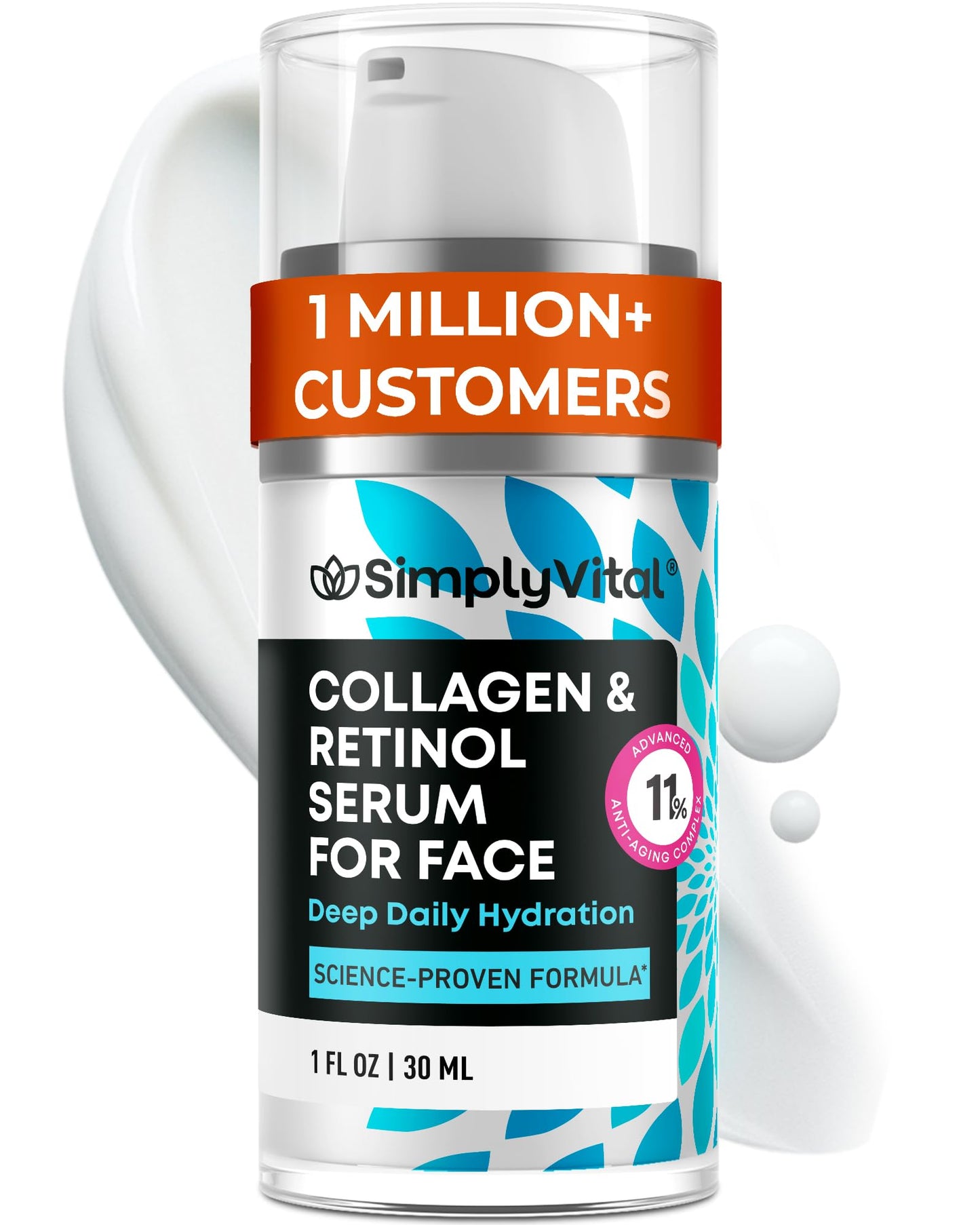 SimplyVital Collagen, Retinol & Hyaluronic Acid Serum - Anti-Aging Moisturizer for Face, Neck & Décolleté - Deep Moisturizing Skin Care Complex - Hydrating Facial Serum for Women, 1 fl.oz