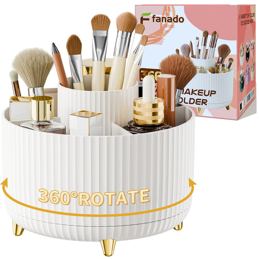 fanado 360° Rotate Makeup Brush Holder Organizer, Makeup Organizers Countertop, Makeup organization and Skincare Storage for Vanity, Desktop, Bathroom (White)