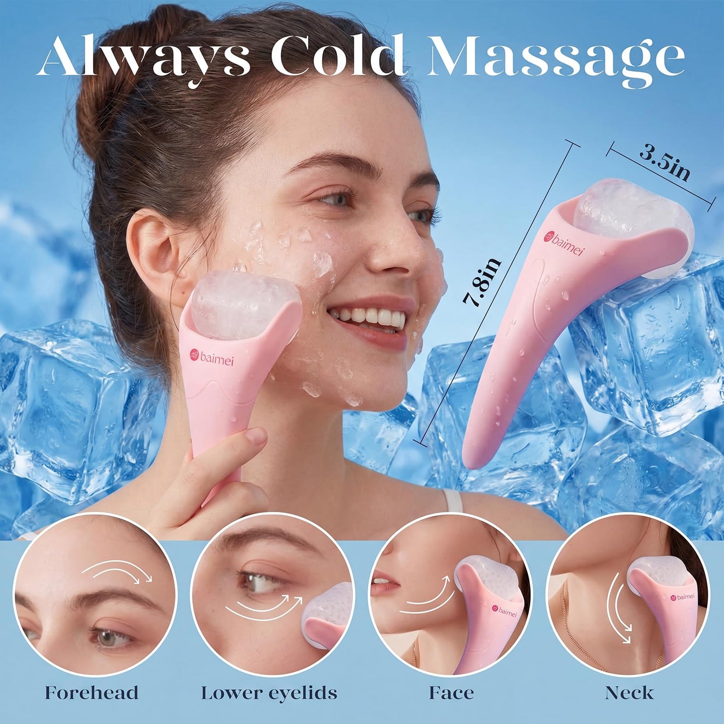 BAIMEI IcyMe Ice Roller for Face and Gua Sha Facial Tool Set, Ice Face Roller Reduces Puffiness Relieves Migraines Skin Care Tools, Self Care for Women - Pink
