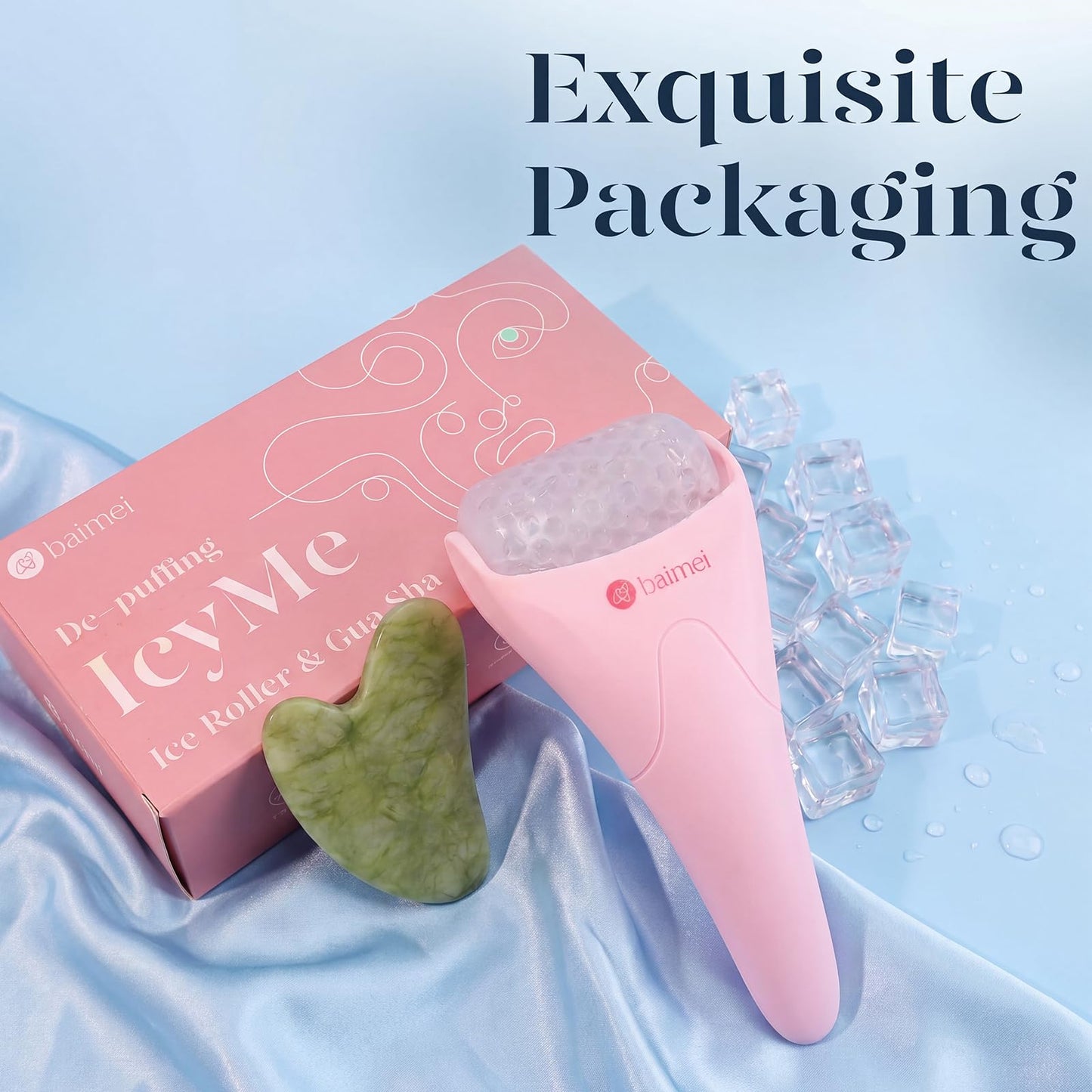 BAIMEI IcyMe Ice Roller for Face and Gua Sha Facial Tool Set, Ice Face Roller Reduces Puffiness Relieves Migraines Skin Care Tools, Self Care for Women - Pink
