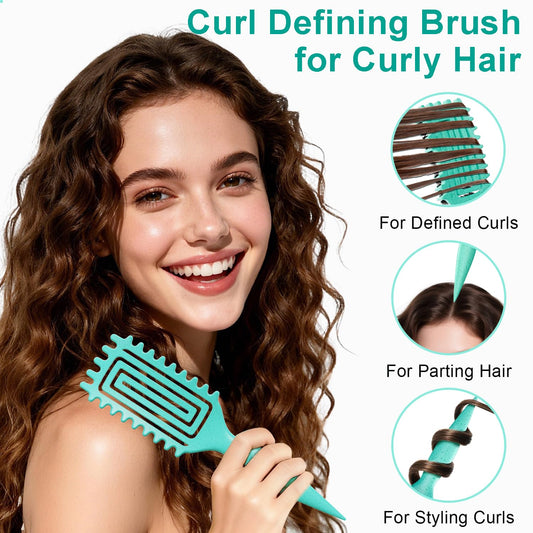 Curly Hair Brush, Curl Defining Brush with Soft Boar Bristles Detangling Tangled Glides, Wide-Teeth Design Effortlessly Shaping & Defining Curls, Curling Definer for Wet & Dry Hair (Green)