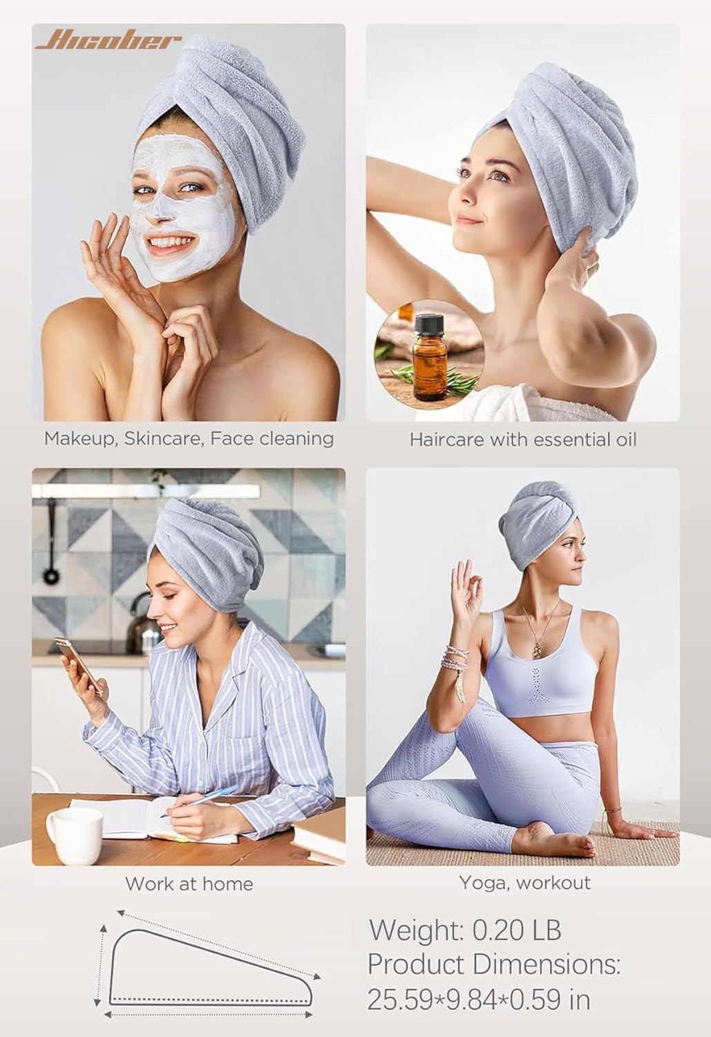 Hicober Microfiber Hair Towel Wrap, Fast Drying Hair Towels for Women, Soft Lightweight Quick Dry Turban for Curly & Long Hair–3 Pack(Blue/Grey/Pink)