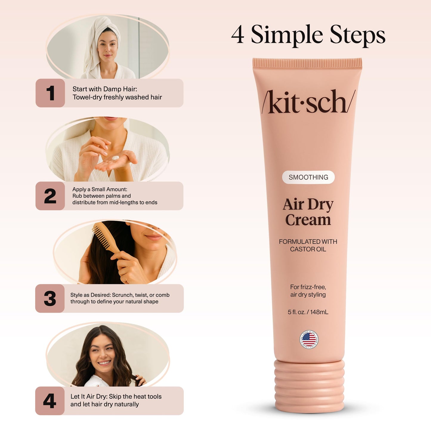 Kitsch Smoothing Air Dry Cream for Hair – Frizz Control Hair Care Product with Castor Oil & Coconut Oil – Weightless Styling Cream - Enhances Natural Texture Appearance | Ideal Gifts for Women – 5 oz