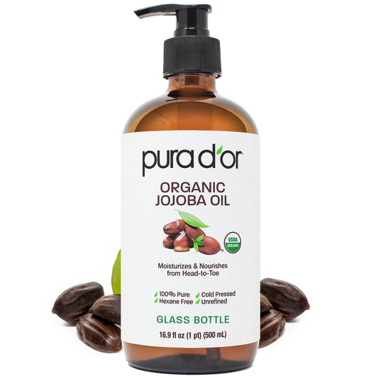 PURA D'OR ORGANIC Jojoba Oil (16.9 Oz GLASS BOTTLE) USDA Certified - 100% Pure & Natural