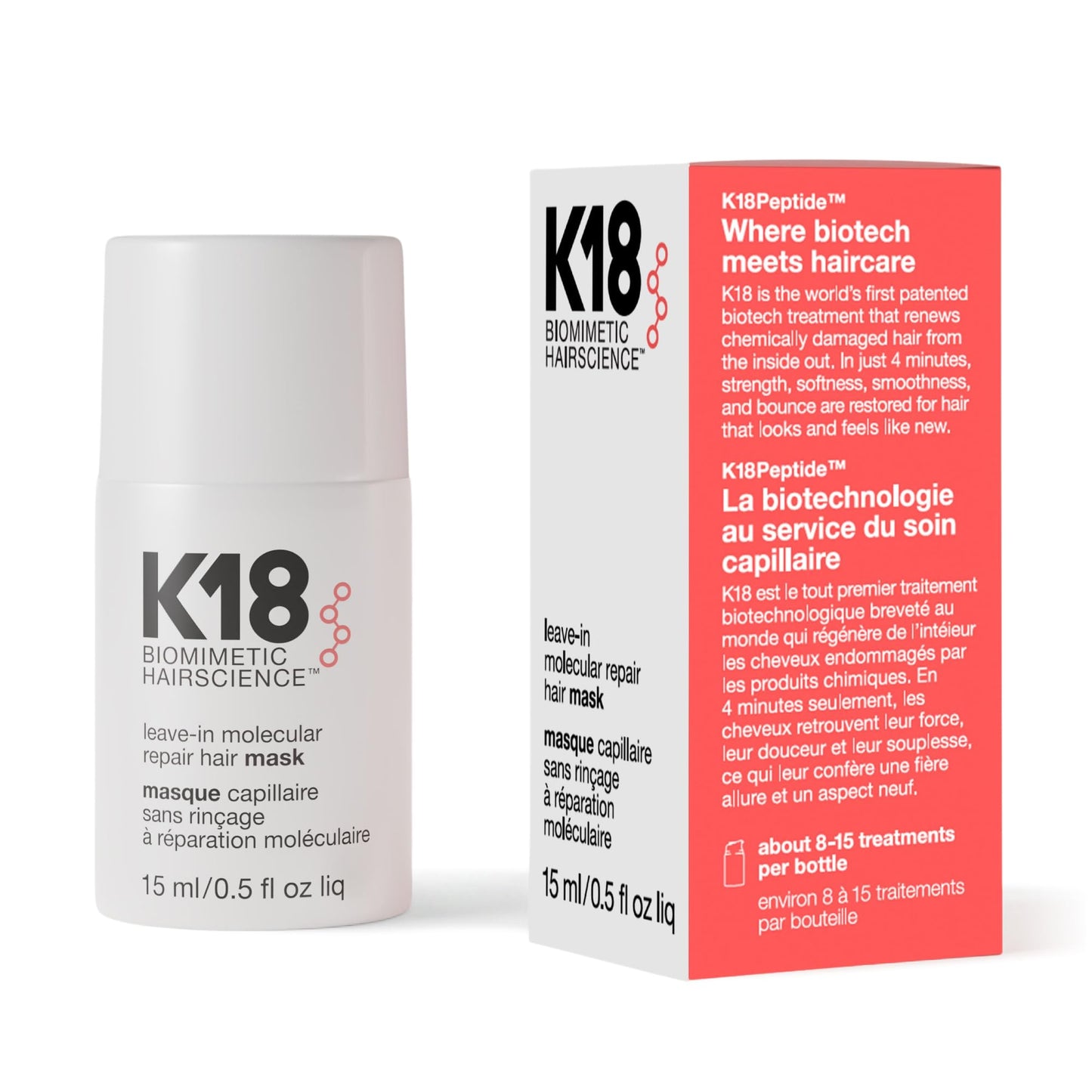 K18 Leave-In Molecular Repair Hair Mask - Peptide Hair Treatment Mask for Bleach, Color, Chemical + Heat Damaged Strands - Immediate + Lasting Damage Reversal in 4 Minutes (0.5 Fl oz)