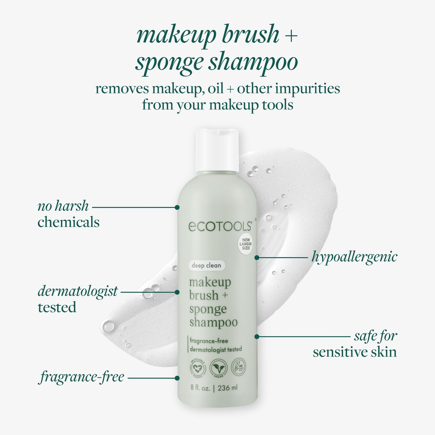 EcoTools Makeup Brush + Sponge Shampoo, Remove Makeup & Impurities From Tools, Sponges, & Puffs, Fragrance-Free Brush Cleanser, No Harsh Chemicals, Vegan, & Cruelty-Free, 8 fl. oz./236 ml. Bottle