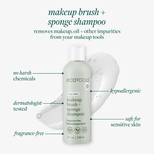 EcoTools Makeup Brush + Sponge Shampoo, Remove Makeup & Impurities From Tools, Sponges, & Puffs, Fragrance-Free Brush Cleanser, No Harsh Chemicals, Vegan, & Cruelty-Free, 8 fl. oz./236 ml. Bottle