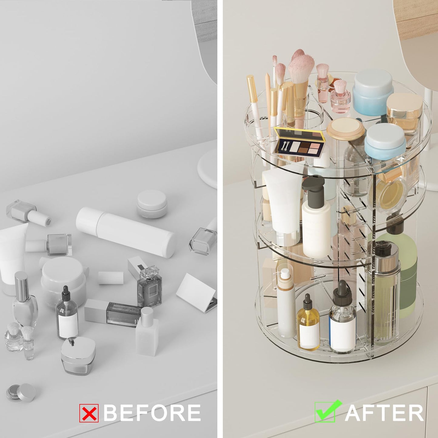 Rotating Makeup Organizer, DIY 8 Adjustable Layers Spinning Skincare Storage, Cosmetic Display Case with Brush Holder and Perfume Tray, Multi-Function Vanity Bathroom Countertop Organizer Clear