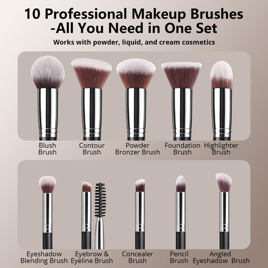 BEAKEY Makeup Brushes Set, Professional Foundation Eyeshadow Concealer Blush Powder Bronzer Applicator, 2 Blender Sponge with Beauty Paper Case