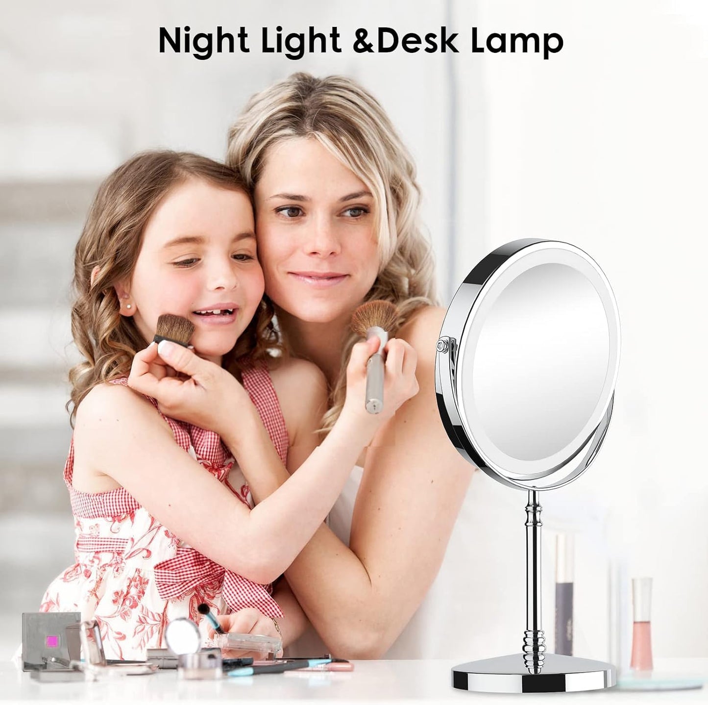 DEIOVWXS Makeup Mirror, Rechargeable Vanity Mirror with 3 Lights, 1X/10X