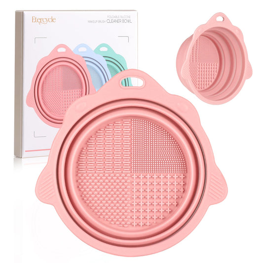 Foldable Silicone Makeup Brush Cleaner Bowl - Etercycle Portable Cleaning Tool for Brushes, Powder Puffs, and Sponges (Pink)