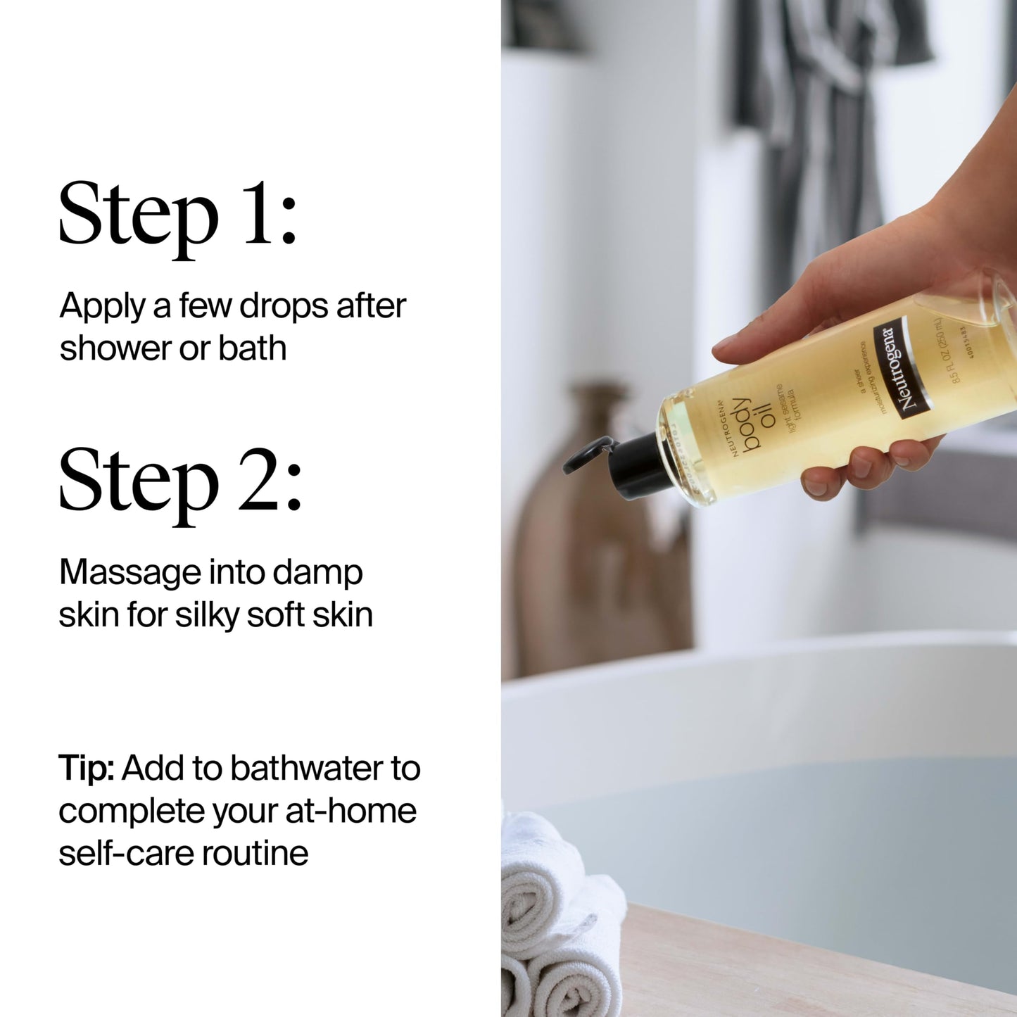 Neutrogena Body Oil Light Sesame Formula, Fragrance-Free, Nourishing Moisturizer, Before and After Shower Application for Smooth, Radiant Looking Skin, Lightweight and Non-Greasy Feel, 8.5 fl oz