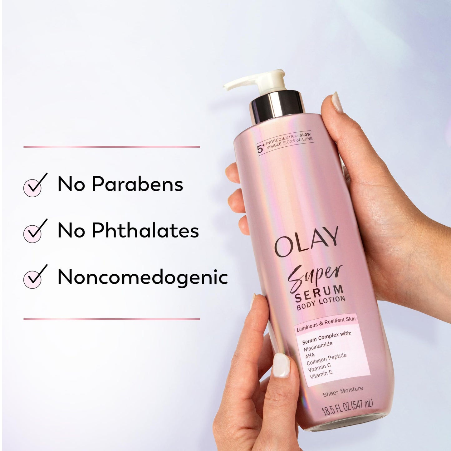 Olay Super Serum Hand & Body Lotion for Dry Skin, 24hr Long Lasting Hydration, 5+ Ingredient Complex for Bright Even Firm Luminous Skin, Sweet Vanilla & Soft Wood Scent, 18.5 fl oz