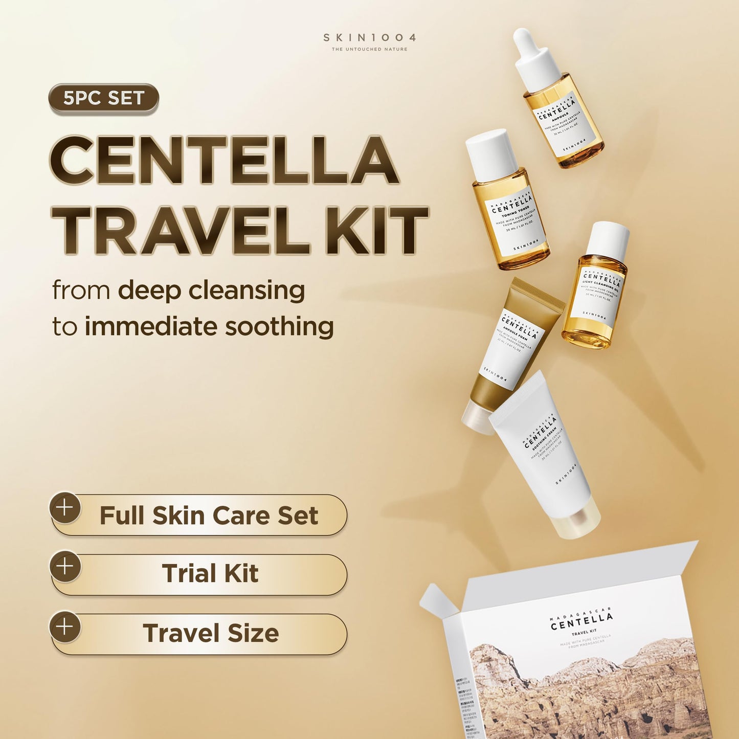 SKIN1004 Centella Travel Kit, Korean Skin Care Set with Toner, Moisturiser, Serum, Cleansing Oil & Cleanser, Travel Size Set with Madagascar Centella, Sensitive Skin, Perfect for Travel Beauty & Gifts
