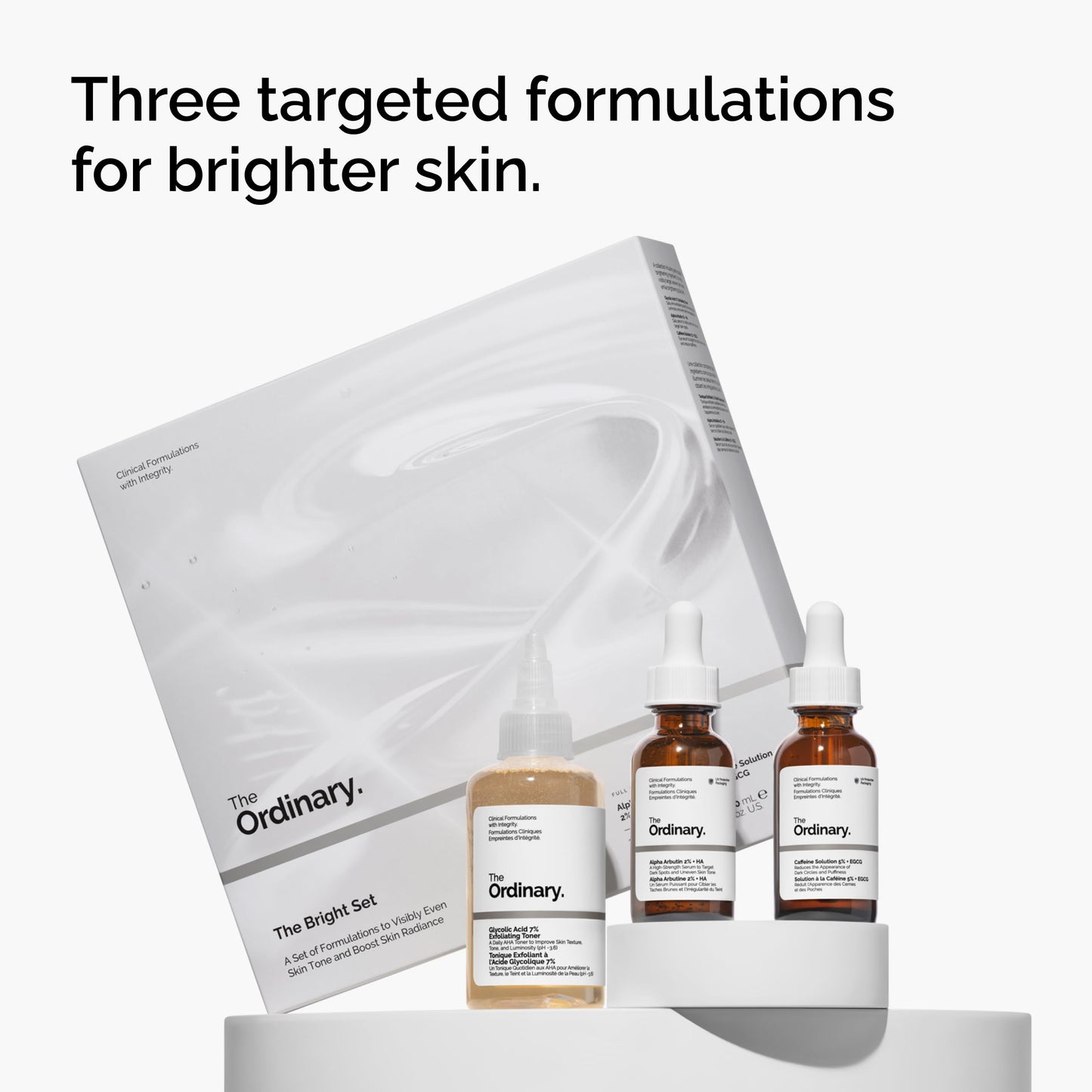 The Ordinary The Bright Set, 3-Step Regimen for Radiant, Even Skin Tone with Glycolic Acid 7% Exfoliating Toner, Alpha Arbutin 2% + HA, and Caffeine Solution 5% + EGCG Eye Serum | Skin Care Set