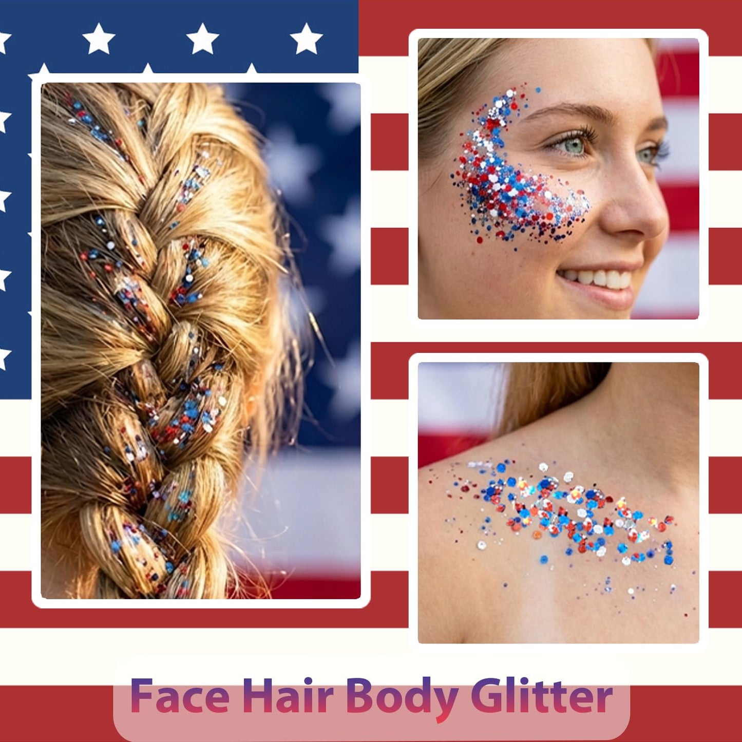 Mysense Patriotic Red White and Blue Body Glitter Stick,4th of July Accessories,Sparkling Face Hair Glitter for 4th of July Outfits Women Kids,American Flag Makeup for Independence Day 250 Anniversary