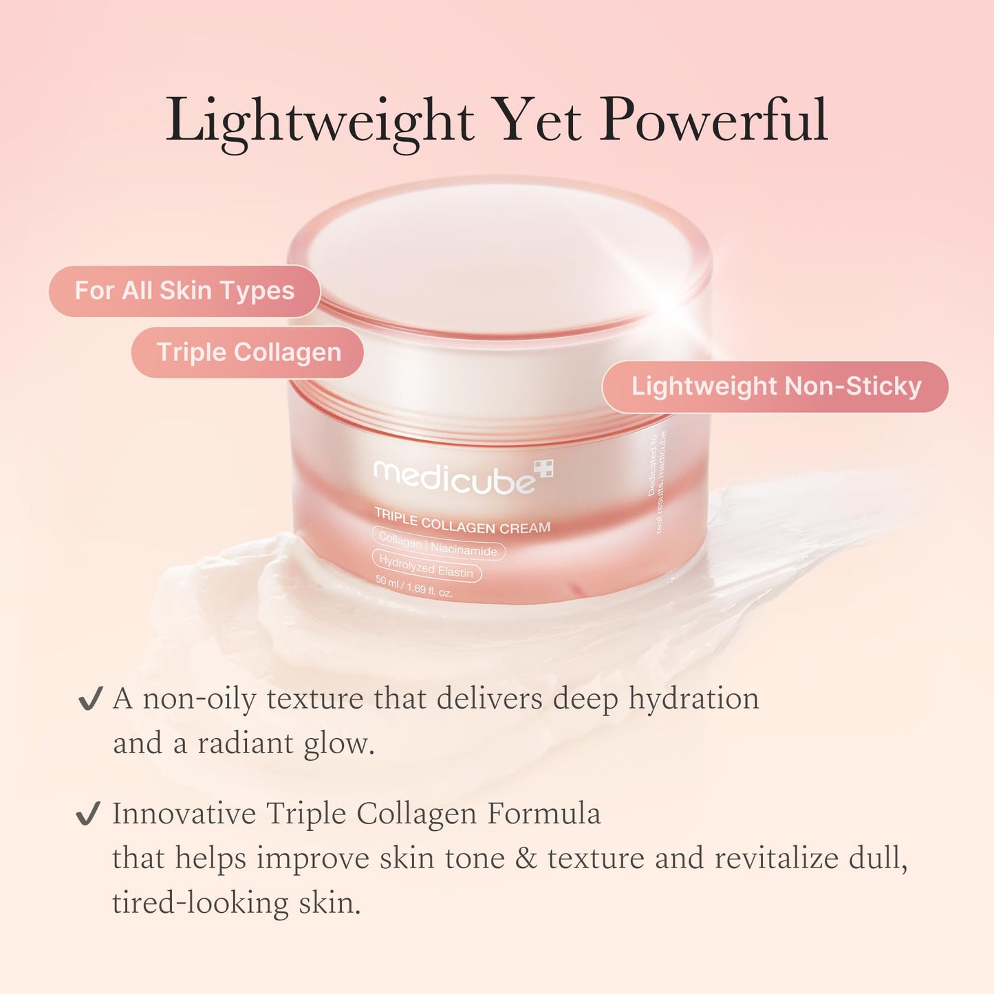Medicube Triple Collagen Cream - Hydrating & Firming Moisturizer with Hyaluronic Acid, Premium Elastin, Shea Butter - Wrinkle Care & Boosts Elasticity - Korean Skincare, 1.69 oz