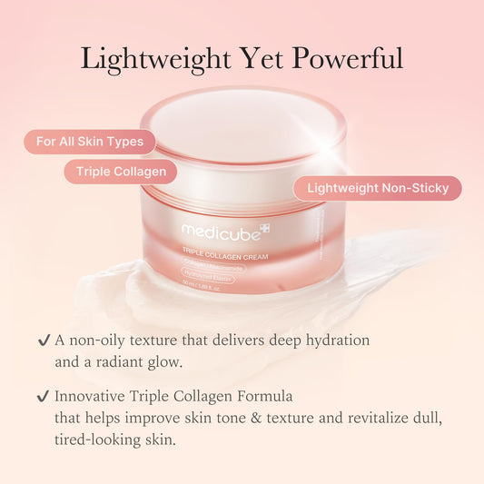 Medicube Triple Collagen Cream - Hydrating & Firming Moisturizer with Hyaluronic Acid, Premium Elastin, Shea Butter - Wrinkle Care & Boosts Elasticity - Korean Skincare, 1.69 oz