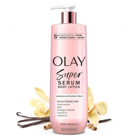Olay Super Serum Hand & Body Lotion for Dry Skin, 24hr Long Lasting Hydration, 5+ Ingredient Complex for Bright Even Firm Luminous Skin, Sweet Vanilla & Soft Wood Scent, 18.5 fl oz