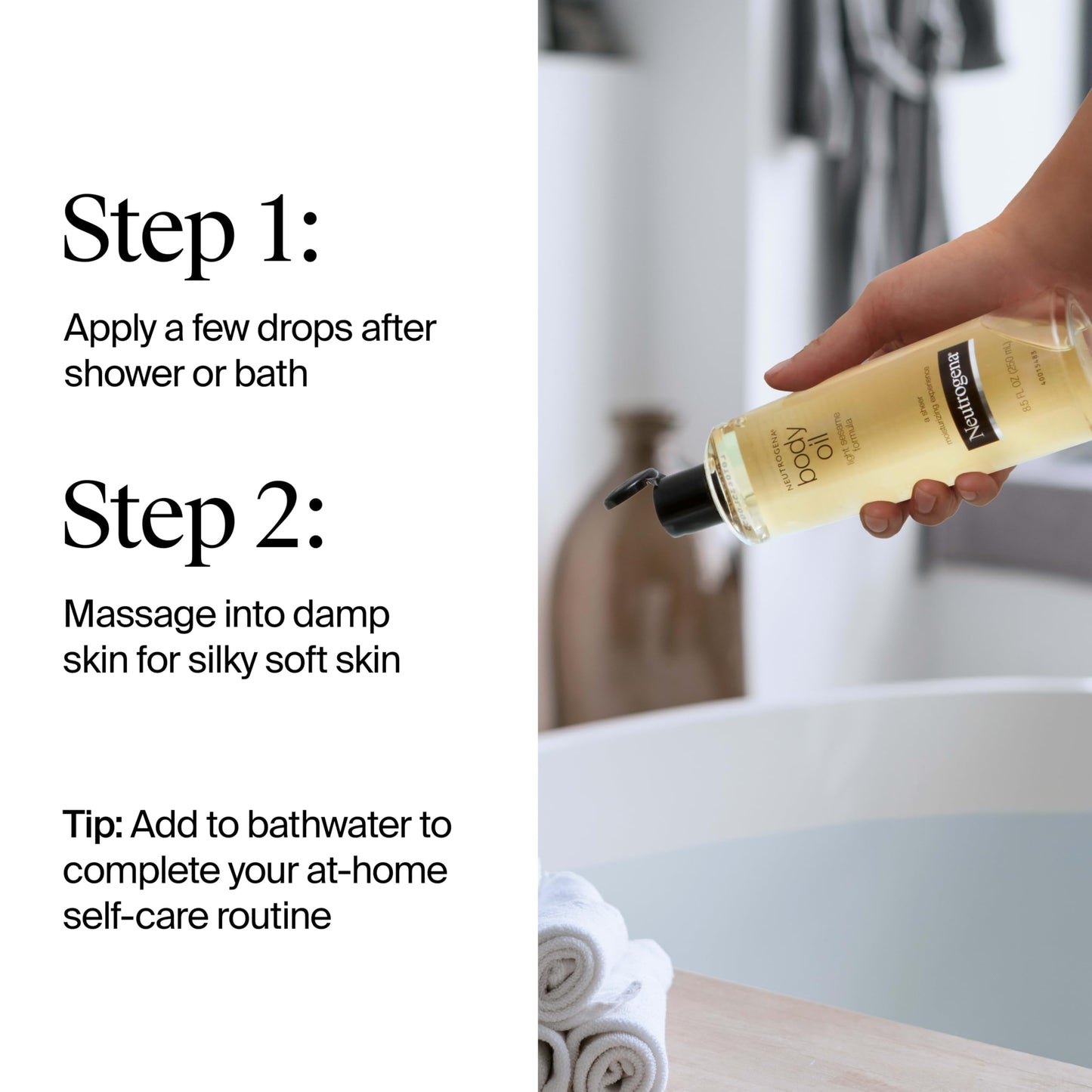 Neutrogena Body Oil Light Sesame Formula, Lightweight, Quick-Absorbing Nourishing Moisturizing Oil, Before and After Shower Application for Smooth, Radiant Looking Skin, Non-Greasy Feel, 16 fl oz