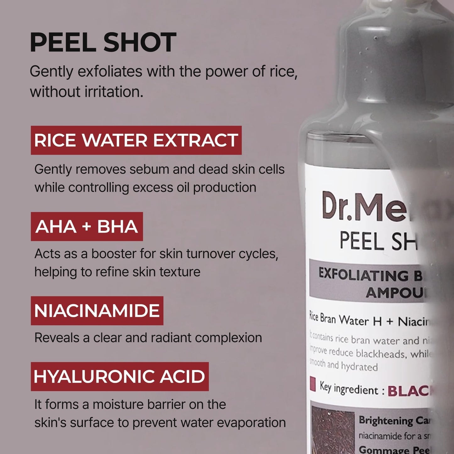 Dr.Melaxin Peel Shot Black Rice Exfoliating Ampoule, Face Exfoliator with AHA BHA Niacinamide Rice Bran Water, Blackhead Remover, Pore Minimizer, Brightening Glass Skin Serum, Korean Skin Care, 2.7 oz